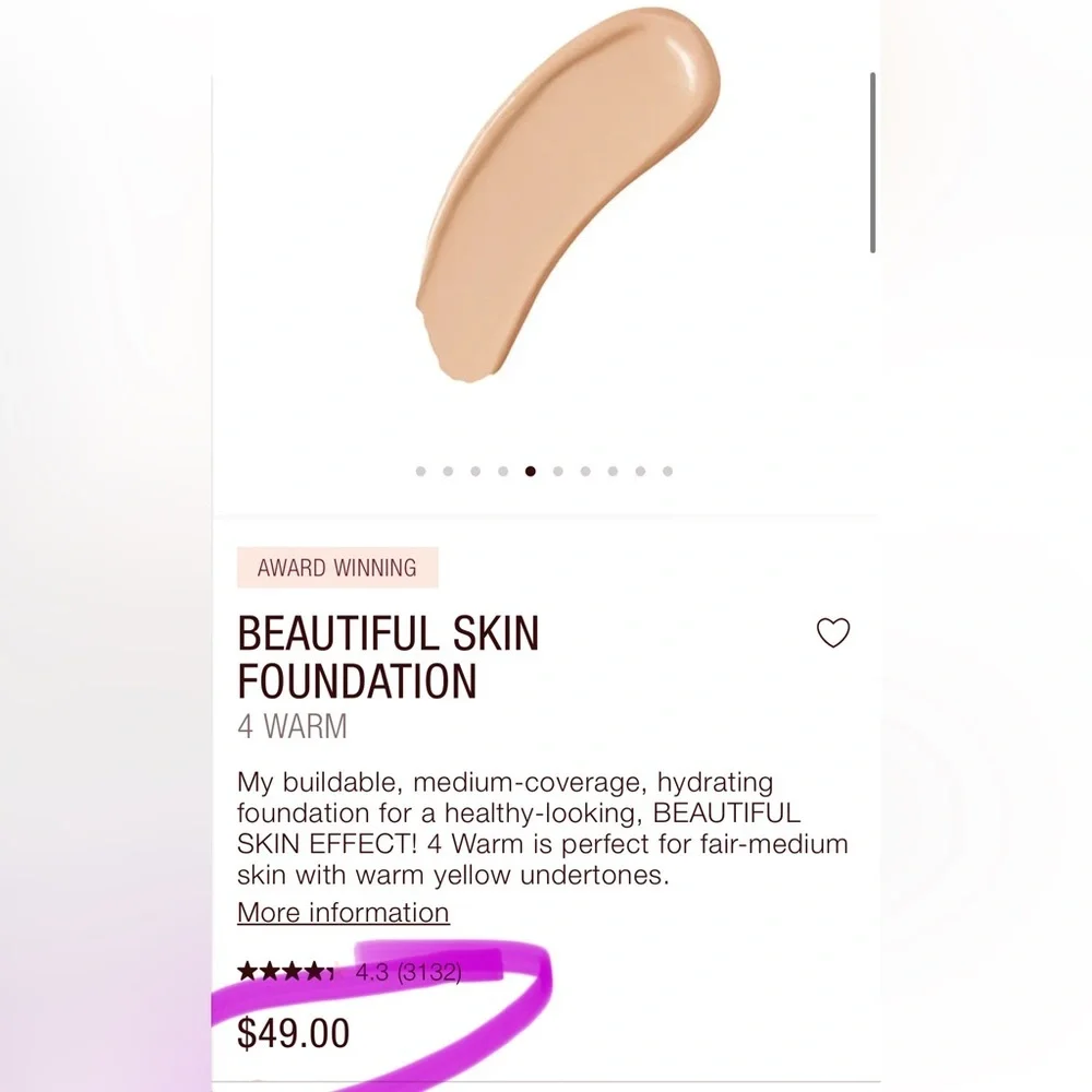 Charlotte Tilbury Beautiful Skin Foundation Shade 4 Warm Medium‎ Coverage 30ml